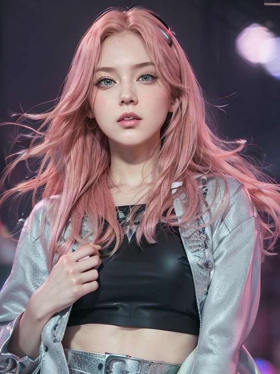 young woman, long pink hair, wide forehead, porcelain skin, pink eyebrows, big emerald green eyes, buttoned nose, thick lips, heart-shaped face, slender body, small breasts, pink leather dress, Sakura Haruno, realistic, realism black details 3d