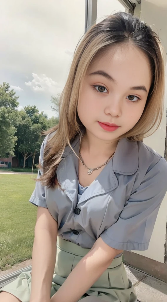 (highest quality,8K quality,masterpiece:1.3),(Super high resolution,Photoreal:1.4,Raw photo),(super detailed,caustics,detailed background),(ultra-realistic capture,Beautifully detailed skin,perfect anatomy),at dusk,sunset sky,school building,schoolyard,18-year-old,cute,single eyelid,brown long hair,white shirt, gray mini skirt,look at the camera,bust up shot,natural soft light, sitting