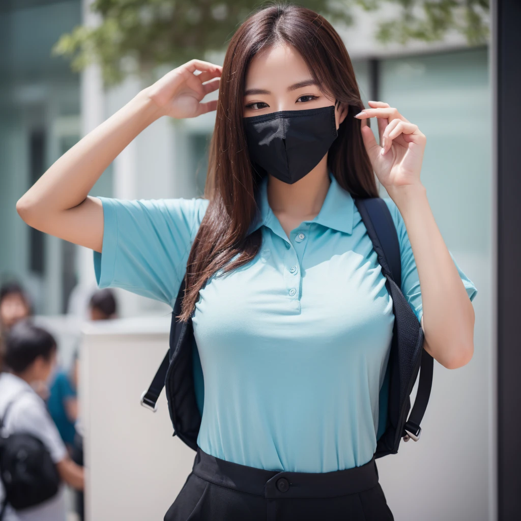 A woman looks uncomfortable wearing a mask，With eyes closed，One hand on the chest，Wearing a collared T-shirt，Fasten the buttons，Backpack，Professional photography，Highest quality，8K