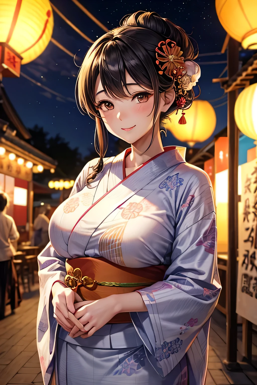 1. Young woman in yukata at summer festival, large breasts, cute face, hair tied up in a bun, touching her hair, 27 years old, playful smile, fireflies in background, holding a fan
2. Busty 29-year-old female in floral yukata, summer night, cute features, hair in updo with decorative pins, hand adjusting hair ornament, festival lanterns illuminating scene
3. Attractive 25-year-old woman with ample bosom, wearing pastel yukata, summer festival stalls in background, adorable expression, elaborate braided updo, fingers twirling loose strand of hair
4. Curvaceous 30-year-old lady in vibrant yukata, festival grounds, charming face, hair styled in traditional Japanese knot, hand gracefully tucking stray hair behind ear, goldfish scooping game nearby
5. Voluptuous woman aged 26, donning elegant yukata, night sky with fireworks, endearing smile, intricate upswept hairstyle, delicately adjusting hair comb, festival food stalls in distance