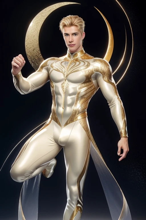 Full body photorealistic handsome hunky fractal masculine blonde haired Helios wearing a white with gold transparent crystal chrome glass trimmings super suit , look at camera, detailed face parts,, moon as background, Freestyle Pose, Happy Expression, perfect anatomy, symmetric body,, 18 years old, :: high detail, a lean athletic body, realistic, human skin, extremely detailed fingers, chad chin,, masculine, human skin, , gorgeous, Attractive. super bulges in action . camera focus face front