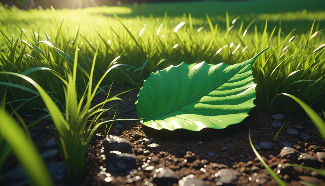 there is a leaf that is sitting on the ground in the grass, masterpiece. rendered in blender, 4 k masterpiece, 4k masterpiece, god\'s creation, masterpiece ; behance hd, close establishing shot, spiritual masterpiece, 2 0 2 1 cinematic 4 k framegrab, 8 k masterpiece, 8k masterpiece, bright light masterpiece, masterpiece 8 k