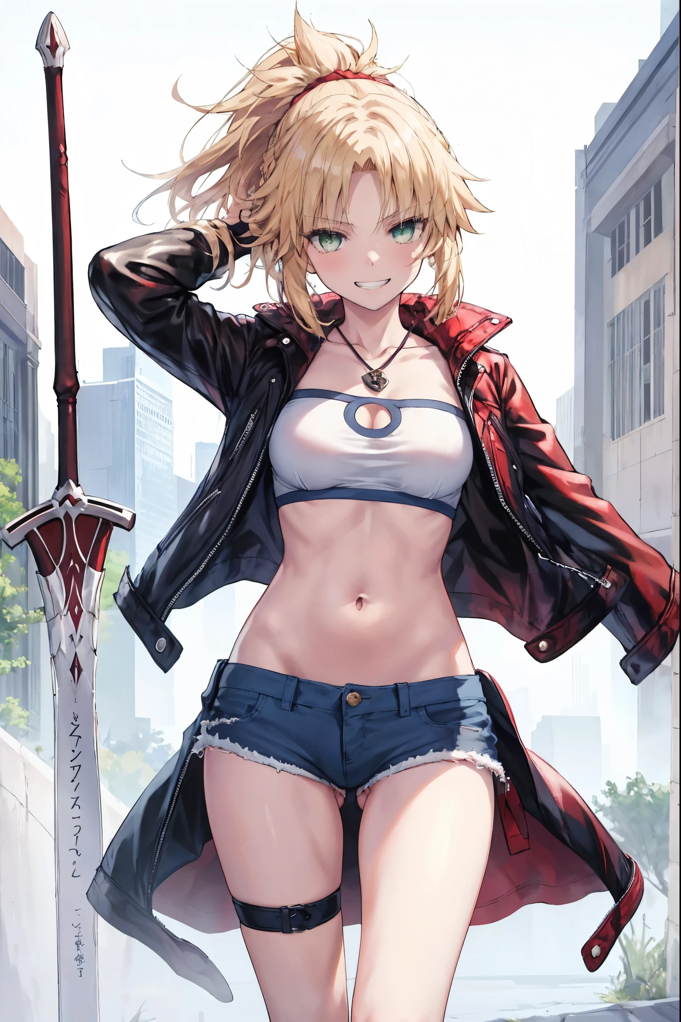 Masterpiece, Best Quality, illustration, city street, 1girl, Mordred \(fate\), cowboy shot, collarbone, Detailed blond hair ponytail braid, green eyes, Red leather jacket, White short blouse, denim shorts,navel,thigh-high,grin, covered_pussy,skiny,long_sword,