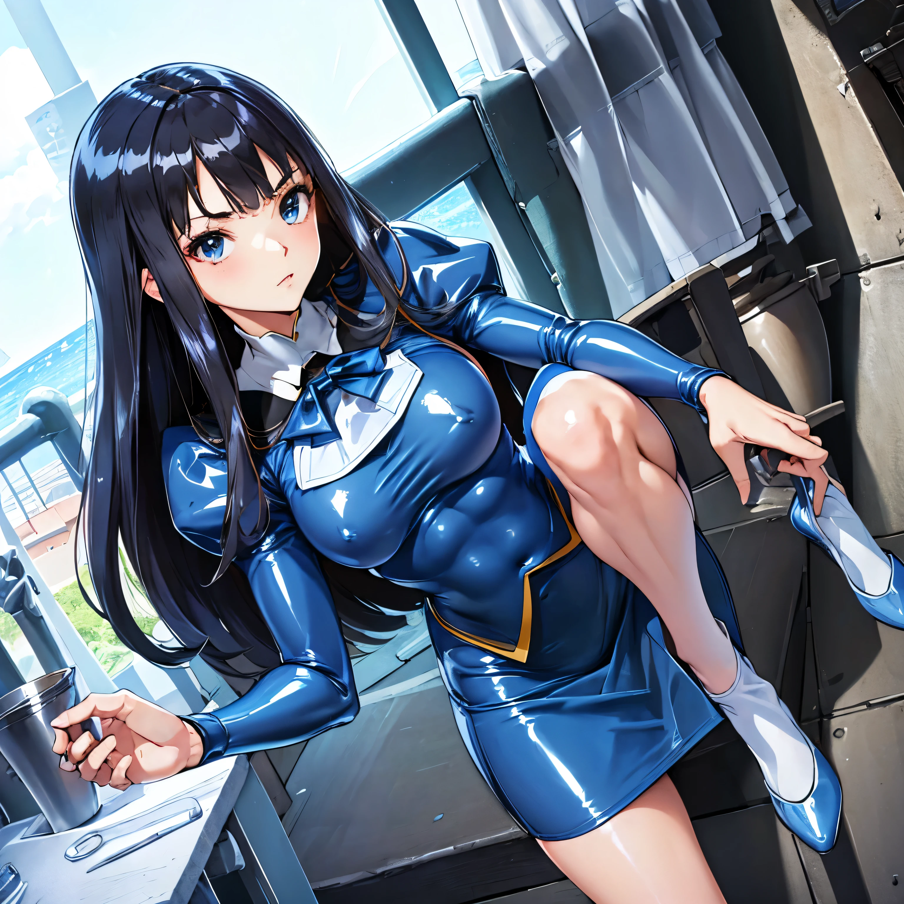 ultra-detailed, Explicit, Beautiful body, Beautiful Nose, Beautiful character design, perfect eyes, perfect face, ultra highres, 4K, beautiful legs, perfect legs, Nice hands, Perfect hand, Masterpiece, Best Quality, Highly detailed, illustration, absurdres, perfect anatomy, (((blue delmo uniform, jacket))), (((tight blue miniskirt, blue latex pencil skirt))), white stripes, extremely glossy latex, medium breasts, puffy sleeves, absurdres, highres, solo, cowboy shot, 1girl, perfect hands, (highres,best_quality,masterpiece), hair ornament, kasuga shiho, blue eyes, black hair, long hair, 