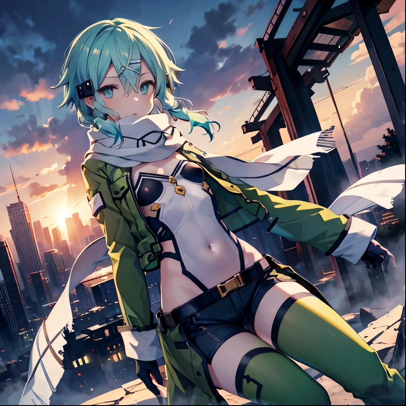 (masterpiece), best quality, expressive eyes, perfect face, highres, sinon1, scarf, fingerless gloves, long sleeves, short shorts,groin, hair ornament, hairclip, green thighhighs, green jacket,covered_nipples, thigh strap, field, sunset_ruins background, ruined structures, dynamic_posing, looking at the viewer, covered_navel,covered_nipples,