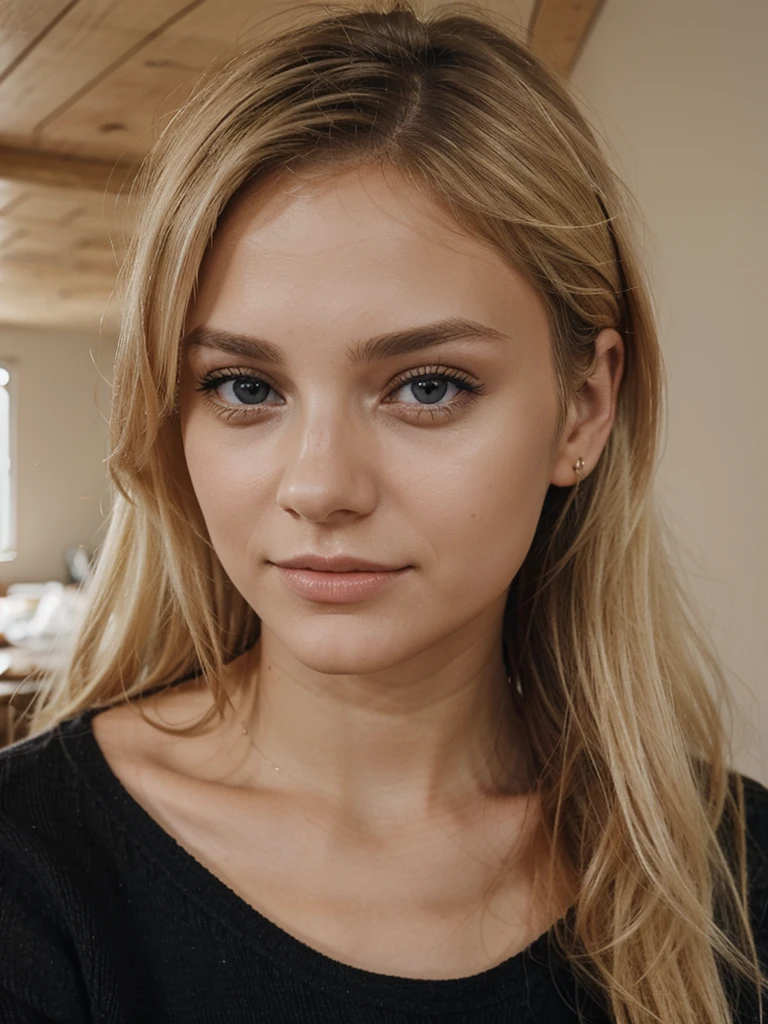 realistic photo of a young blonde woman with her finger resting on her nose