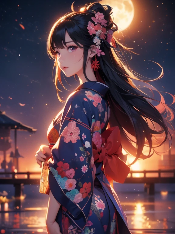 (Highest quality、masterpiece、High resolution、8K)、Vibrant colors、Japanese Festivals、Digital Art、City of night、A full moon in the distance、Midsummer evening、Beautiful yukata、