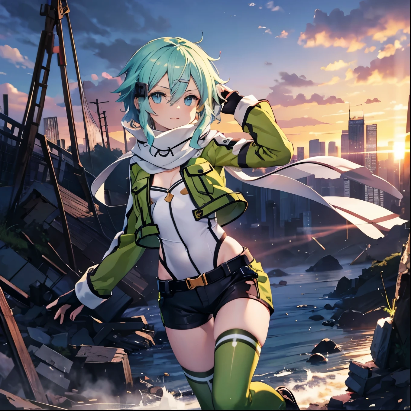 (masterpiece), best quality, expressive eyes, perfect face, highres, sinon1, scarf, fingerless gloves, long sleeves, short shorts,groin, hair ornament, hairclip, green thighhighs, green jacket,covered_nipples, thigh strap, field, sunset_ruins background, ruined structures, dynamic_posing, looking at the viewer, covered_navel,covered_nipples,