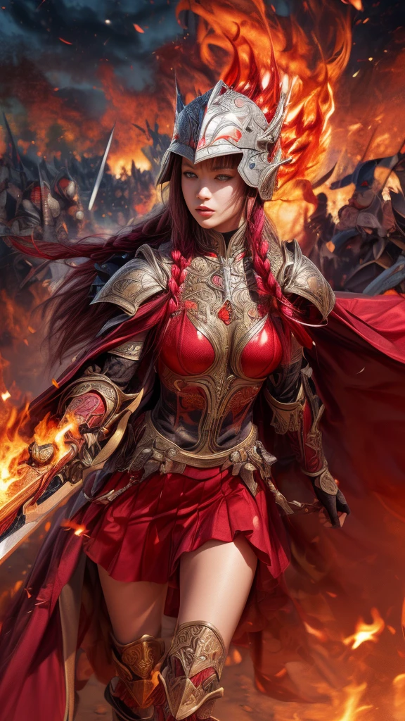 Very beautiful woman、Slender women、(Detailed face)、Realistic Skin、((Knight of Fire)), (((Red Armor:1.25)))、((((A black armor with extremely detailed and intricate decoration.))))、((Delicate photo)),(Girl Astepeace RAW Photo Details:1.25), (Highest quality:1.6), (Ultra-high resolution:1.5), (Realistic:1.75), 8K resolution, Canon EOS R5, 50mm, Absurd, Super detailed,Cinema Lighting,Battlefields of Medieval Europe、((Fight))、RPG World、Final Fantasy、(((Decorative skirt)))、Thigh-high socks、Shingard、night、Pink Hair、((Bangs are too long))、((Long, thick pink braids))、Get a six pack、Torn Cloak、Beautiful Armor、(((Giant Sword)))、In combat、The wind is blowing、(((Flames covering the area)))、(((Leading a large group of red knights)))、(((Knight Commander)))、Armor with a phoenix motif、((flames of fire))、(((Battle Scenes)))、((Browsing Caution:1.2))、(((Put on a helmet)))