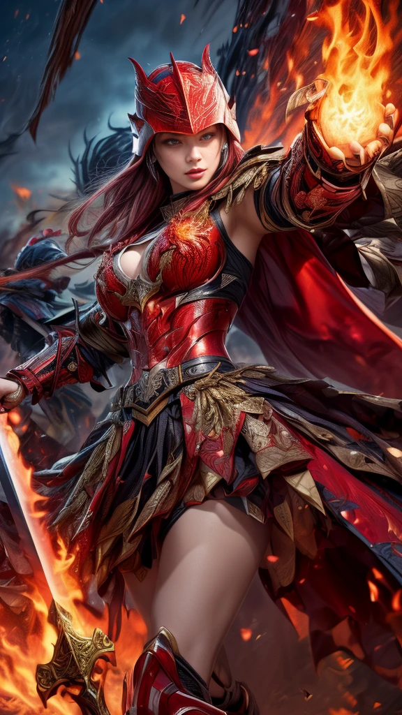 Very beautiful woman、Slender women、(Detailed face)、Realistic Skin、((Knight of Fire)), (((Red Armor:1.25)))、((((A black armor with extremely detailed and intricate decoration.))))、((Delicate photo)),(Girl Astepeace RAW Photo Details:1.25), (Highest quality:1.6), (Ultra-high resolution:1.5), (Realistic:1.75), 8K resolution, Canon EOS R5, 50mm, Absurd, Super detailed,Cinema Lighting,Battlefields of Medieval Europe、((Fight))、RPG World、Final Fantasy、(((Decorative skirt)))、Thigh-high socks、Shingard、night、Pink Hair、((Bangs are too long))、((Long, thick, dark red braids))、Get a six pack、Torn Cloak、Beautiful Armor、(((Giant Sword)))、In combat、The wind is blowing、(((Flames covering the area)))、(((Leading a large group of red knights)))、(((Knight Commander)))、Armor with a phoenix motif、Old scar on right cheek:1.2、((flames of fire))、(((Battle Scenes)))、((Browsing Caution:1.2))、(((I can see her panties:1.4)))、、((Skirt lift in the wind))