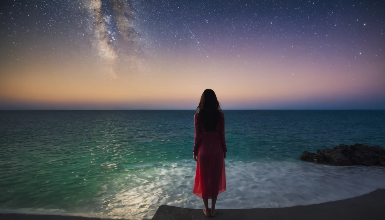 Beautiful woman looking at the starry sea