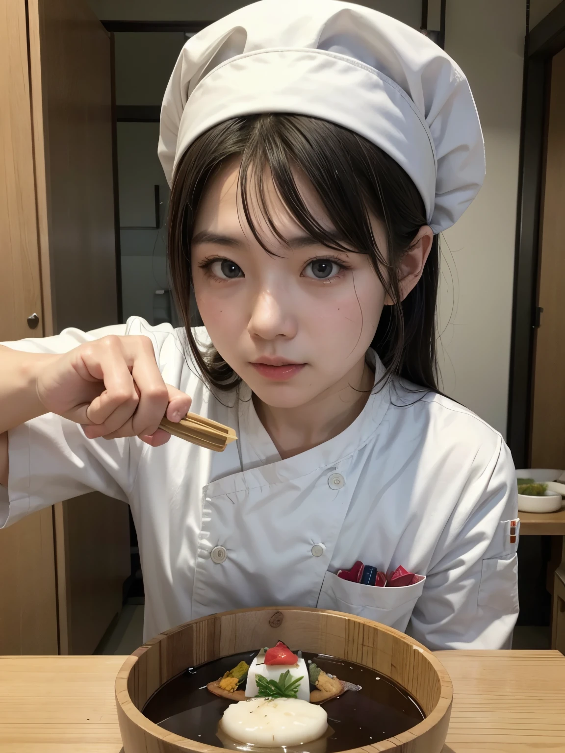 Create an image of a Japanese chef's knife with slight curves at the top .and an anatomically shaped wooden handle.