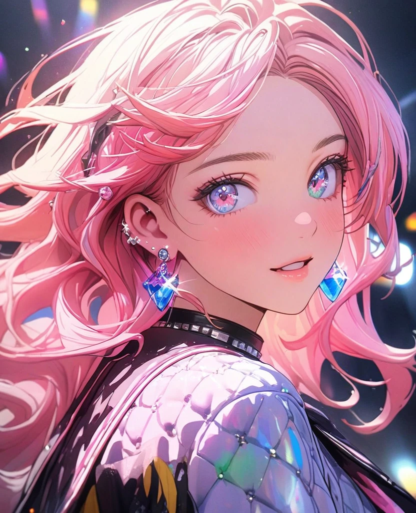 8K,gal,an extremely delicate and beautiful,Beautiful and realistic skin,Shiny jewel-like earrings,Long colorful hair,beautiful eyes,k-pop idol,