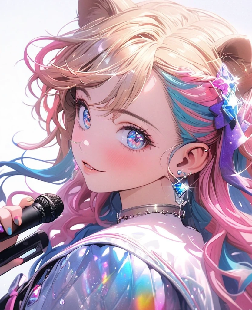 8K,gal,an extremely delicate and beautiful,Beautiful and realistic skin,Shiny jewel-like earrings,Long colorful hair,beautiful eyes,k-pop idol,