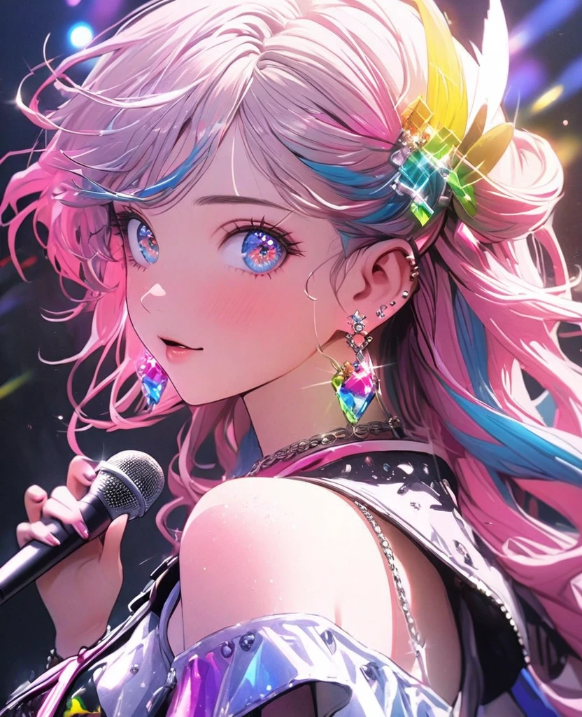 8K,gal,an extremely delicate and beautiful,Beautiful and realistic skin,Shiny jewel-like earrings,Long colorful hair,beautiful eyes,k-pop idol,