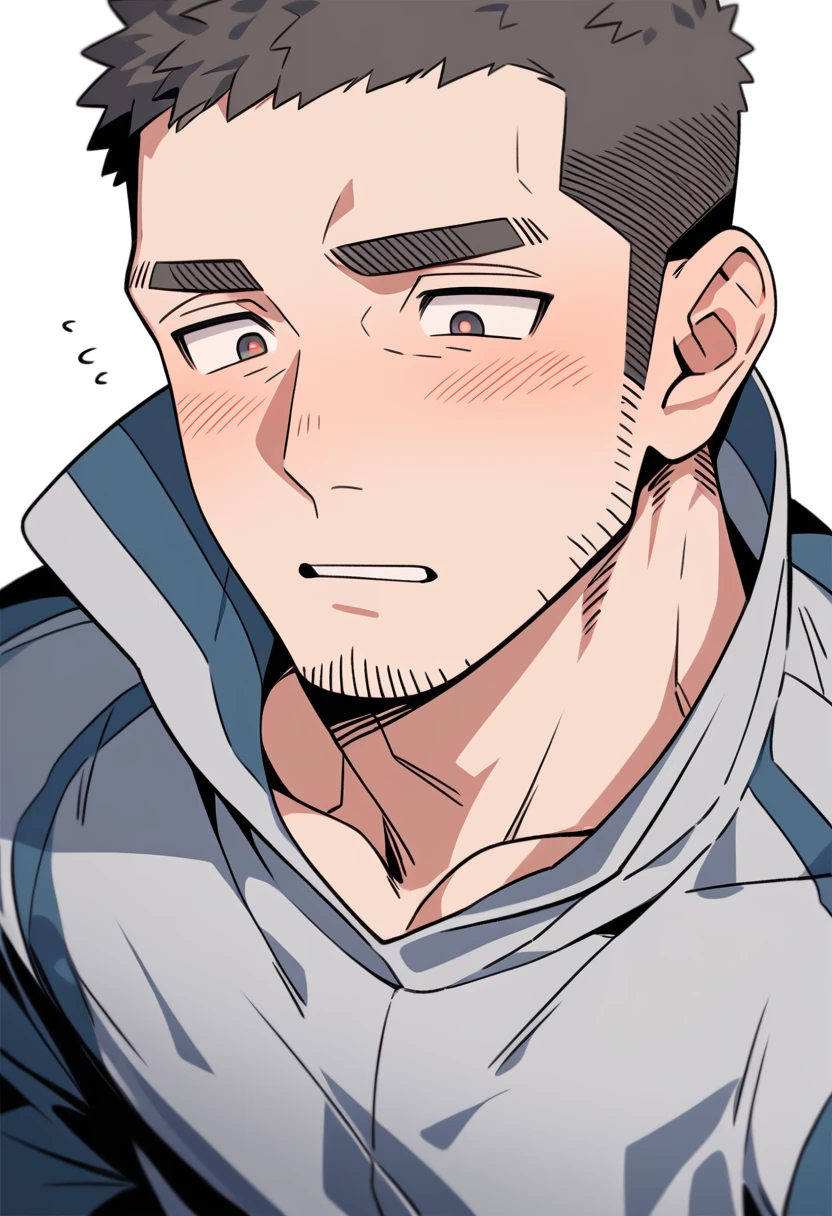 anime characters:Priapus, Muscle Sports Student, Buzz Cut, Manliness, male focus, Light Grey high collar long sleeve tight T-shirt, Very tight, full and perky chest muscles, muscular male, muscular, only, Upper body, alone, Black short hair, Thick eyebrows, stubble, Brown-red pupils, White background, simple background, amazing quality, best aesthetics, Ridiculous, crew cut, parted lips, flustered, endured face, blush, negative space, best quality