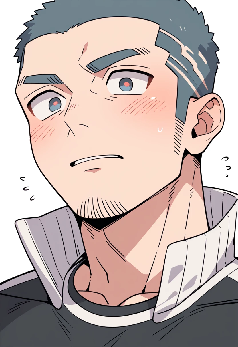 anime characters:Priapus, Muscle Sports Student, Buzz Cut, Manliness, male focus, Light Grey high collar long sleeve tight T-shirt, Very tight, full and perky chest muscles, muscular male, muscular, only, Upper body, alone, Black short hair, Thick eyebrows, stubble, Brown-red pupils, White background, simple background, amazing quality, best aesthetics, Ridiculous, crew cut, parted lips, flustered, endured face, blush, negative space, best quality