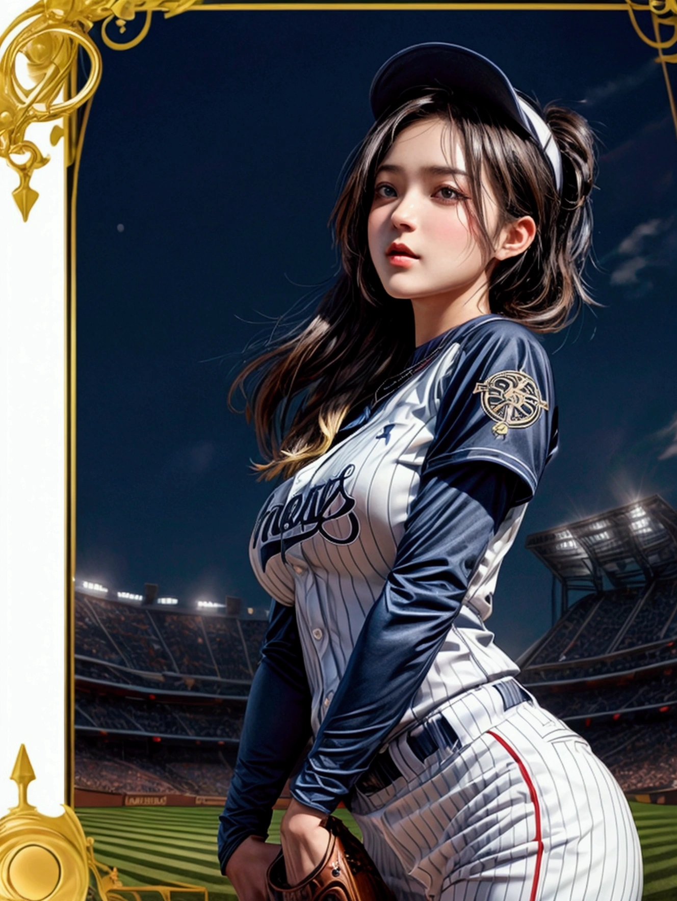 masterpiece,Highest quality,8K,High resolution,Raw photo,Professional,
Physically Based Rendering,Thin contours,
(Tarot card frame and background with rounded corners:1.3)
Two-digit Roman numerals,Baseball stadium at night, beauty league game, bright with stadium lights (Many spectators:1.1),
One beautiful woman, perfect face and body, detailed face, perfect , live action photos
(Beautiful woman swinging the bat in the batter&#39;s box:1.2)
Front view of beautiful woman
(Baseball Player Uniforms),
