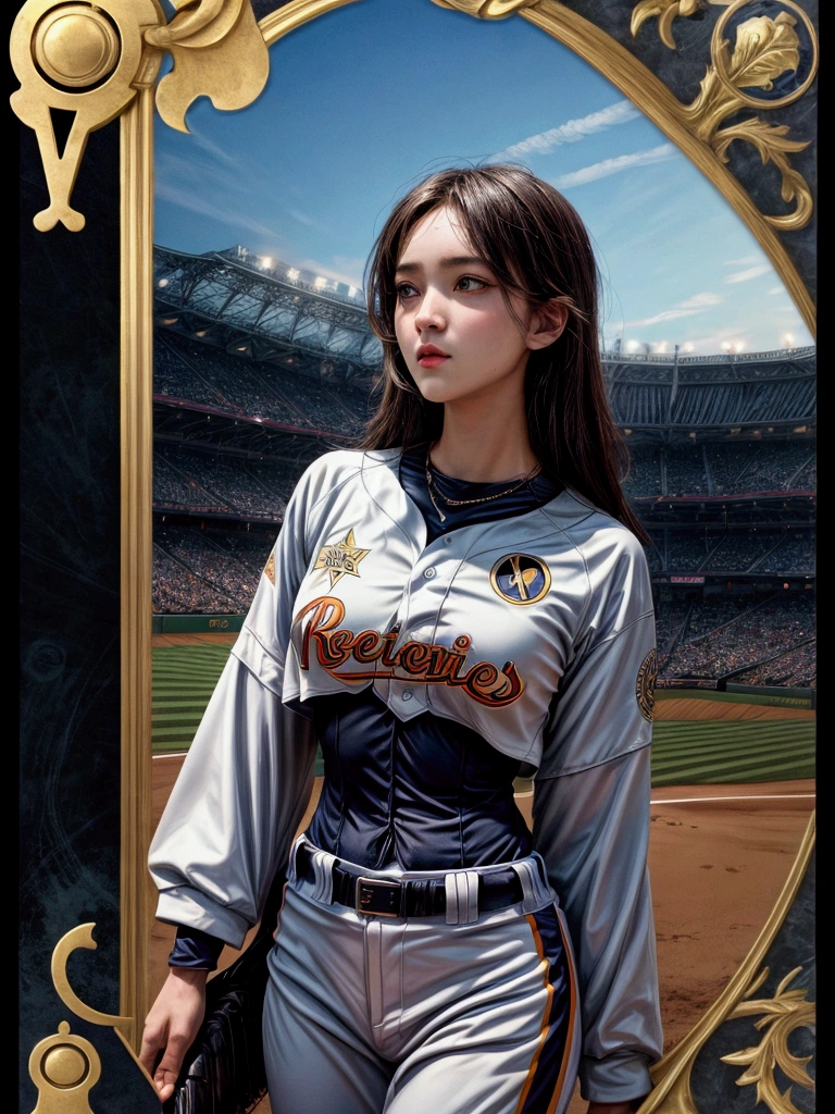 masterpiece,Highest quality,8K,High resolution,Raw photo,Professional,
Physically Based Rendering,Thin contours,
(Tarot card frame and background with rounded corners:1.3)
Two-digit Roman numerals,Baseball stadium at night, beauty league game, bright with stadium lights (Many spectators:1.1),
One beautiful woman, perfect face and body, detailed face, perfect anatomy, live action photos
(Beautiful woman guarding the outfield:1.2)
Front view of beautiful woman
(Baseball Player Uniforms),