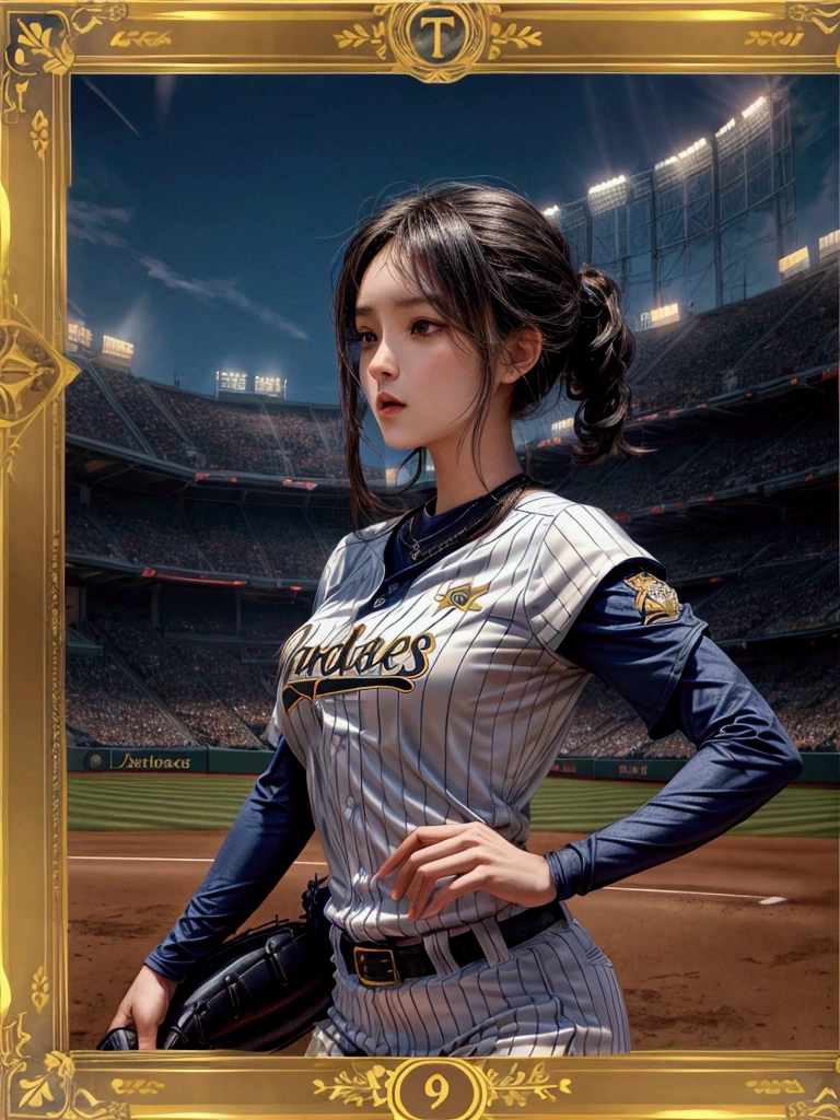 masterpiece,Highest quality,8K,High resolution,Raw photo,Professional,
Physically Based Rendering,Thin contours,
(Tarot card frame and background with rounded corners:1.3)
Two-digit Roman numerals,Baseball stadium at night, beauty league game, bright with stadium lights (Many spectators:1.1),
One beautiful woman, perfect face and body, detailed face, perfect , live action photos
(Beautiful woman swinging the bat in the batter&#39;s box:1.2)
Front view of beautiful woman
(Baseball Player Uniforms),

