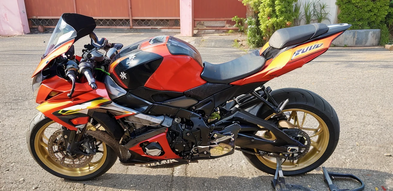 Male ager, technical college student, auto mechanic junkie, shirtless, showing off his muscular body and tattoos. Wearing jeans, sneakers, riding a Suzuki GSX R1000 K8 big bike that is equipped with a C-4 bomb.