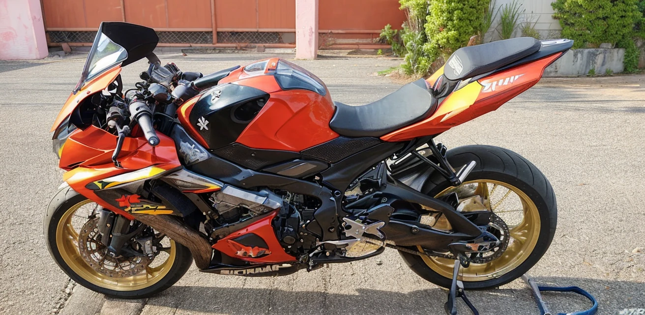 Male teenager, technical college student, auto mechanic junkie, shirtless, showing off his muscular body and tattoos. Wearing jeans, sneakers, riding a Suzuki GSX R1000 K8 big bike that is equipped with a C-4 bomb.