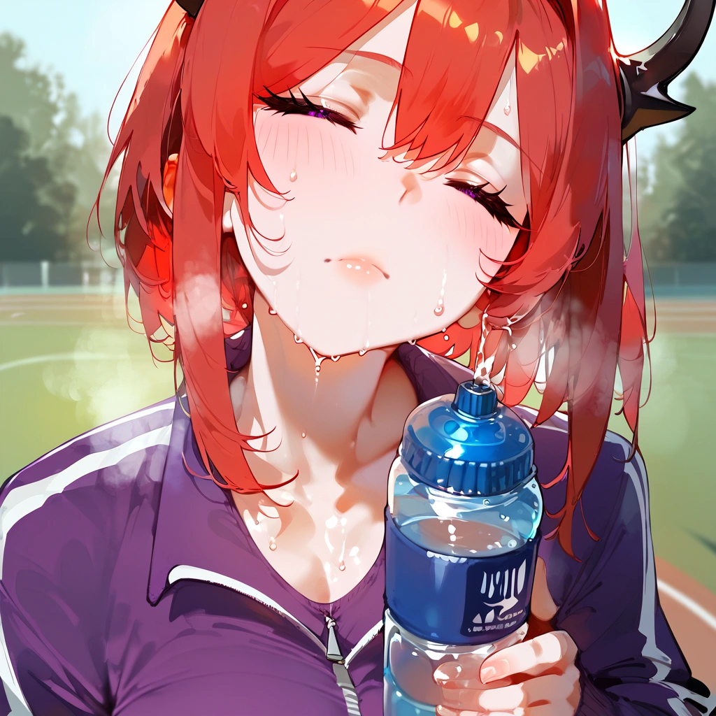 score_9, score_8_up, score_7_up, score_6_up,floox style,surtr, arknights, red hair,big breasts,,collarbone, jacket,purple jacket, purple track suit, sportswear, standing, steam, steaming body, sweat,, track jacket, track pants, track suit, outdoors, pours water on face, water bottle, solo, purple eyes, closed eyes, head up, spilling, 