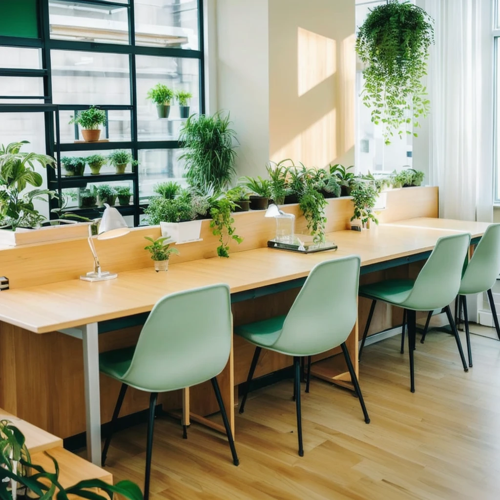 There are four chairs around a table with plants on it., Terrarium lounge area, biophilia mood, In an open workspace, Multiple Desks, A forest of plants inside a glass tube, Lush Plants Green Wall, Long table, With natural light as a background, Tables and chairs, Indoor Settings, Vibrant atmosphere, Lush plant wall, Cafe table
