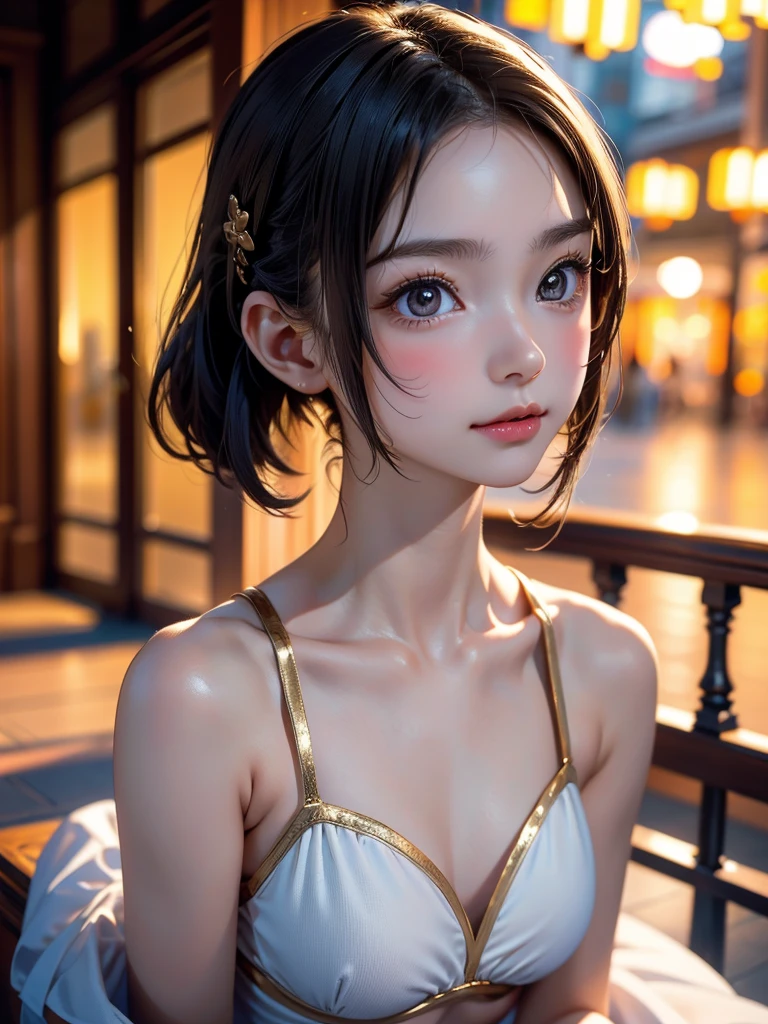 One Girl，(1人のとてもcute女の子:1.3)，masterpiece，Highest quality，High resolution，From below，Low - Angle，Photorealistic，RAW Photos，Ray Tracing，Physically Based Rendering，beautiful girl，(15 years old:1.3)，cute，Big eyes，(detailed pupils:1.2)，(The face is facing straight ahead:1.3)，Body facing forward，Beautiful nose，High nose，Upturned nose，Fuller lips，Short black hair，ponytail，short hair，Detailed eyelashes，Thin eyebrows，Very fine grain definition，(Symmetrical eyes，Golden Ratio:1.3)，(Face close-up，Face Focus:1.0)，Small breasts，Short neck，White swimsuit，White Bikini，The background is the sea，Southern Island，sunset，Sunset，Portrait，View Viewer，Upper Body，Cinema Lighting，High resolution，Very detailed