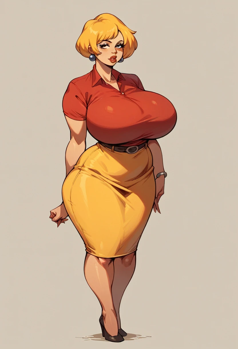 Family guy , female milf, big , Better quality ,lips , Looking , (((yellow short hair))), red shirt , solo ,Huge Breasts , skirt ,Full body