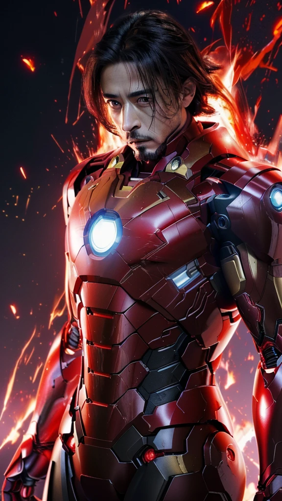 anime character with glowing red and black armor standing in front of a fire, cyberpunk iron man, badass anime 8 k, red armor, superior iron man, like ironman, high-tech red armor, 4 k manga wallpaper, anime style 4 k, concept art of tony stark, iron man, elon musk as iron man, 4k anime wallpaper, highly detailed exquisite fanart