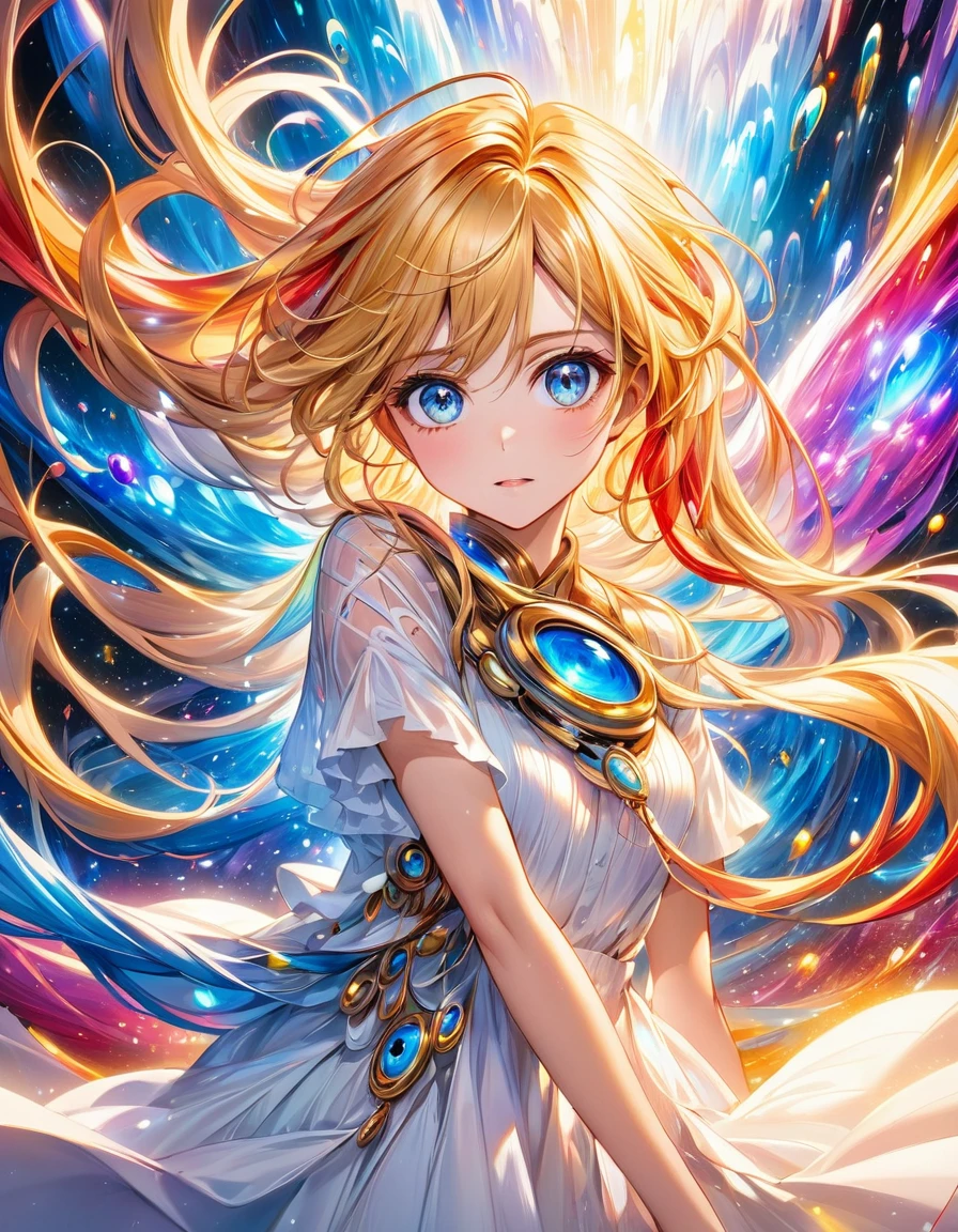 In a mesmerizing cascade of color and light, an enchanting anime girl candroites viewers with her ethereal beauty. Her delicate features are framed by cascading locks of shimmering long golden hair, her wide, expressive eyes big BLUE red radiating with emotion. A digital painting brings this stunning character to life, depicting her in intricate detail with a seamless blend of realism and fantasy. Every brushstroke and pixel showcases the artist's skill and dedication, making this image a