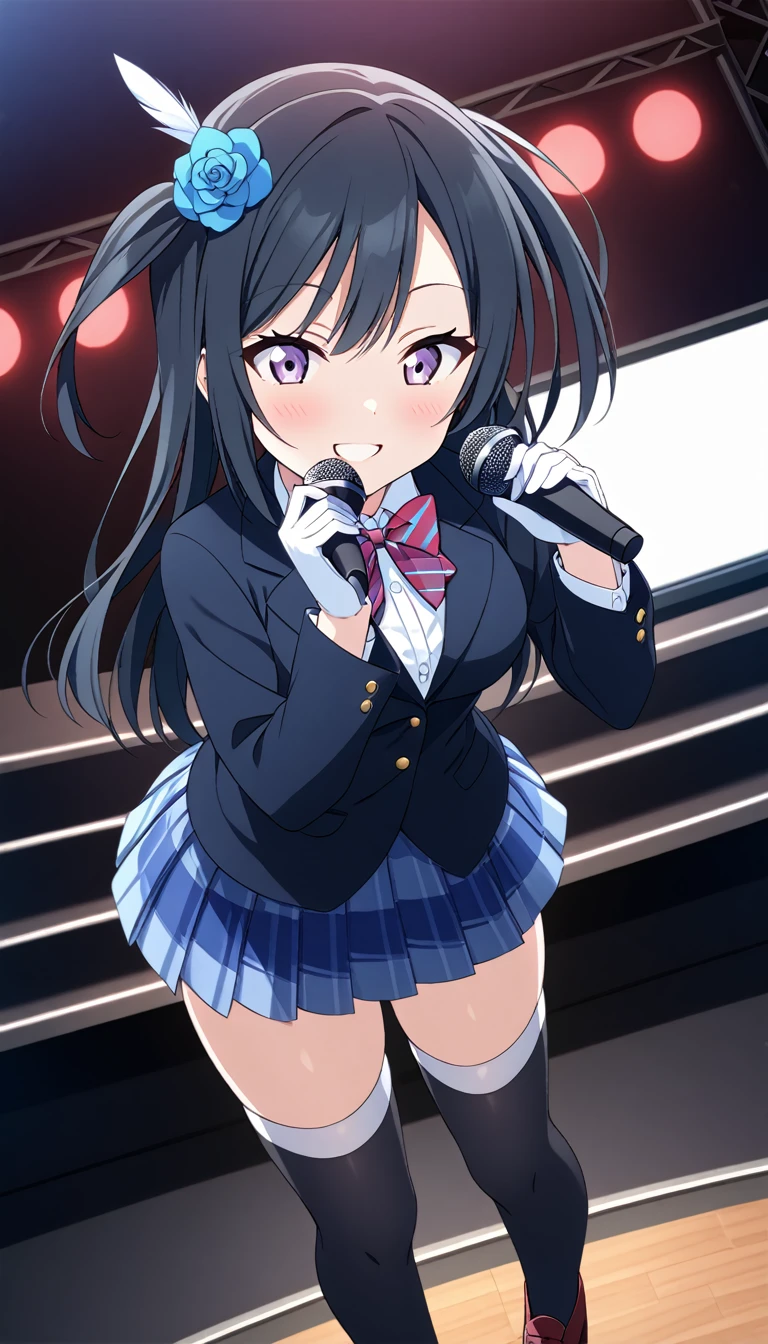 masterpiece, best quality,  one side up, feather hair ornament, hair flower, white gloves, legwear, thighhighs, on stage, holding microphone, smile,singing (1girl), (solo), otonokizaka ,winter uniform, red striped bow tie, navy blue blazer, blue striped pleated skirt,from above, BREAK score_9, score_8_up, score_7_up, score_6_up, source_anime 