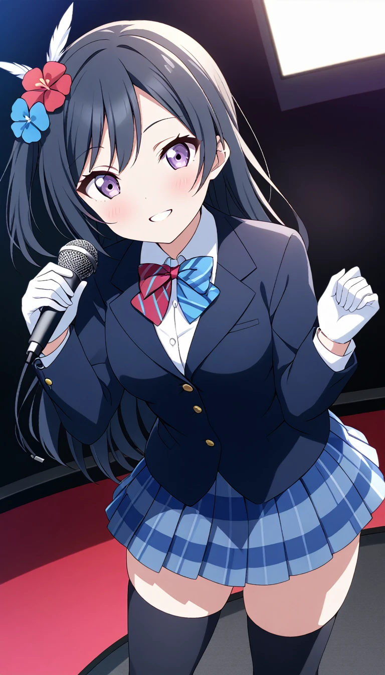 masterpiece, best quality,  one side up, feather hair ornament, hair flower, white gloves, legwear, thighhighs, on stage, holding microphone, smile,singing (1girl), (solo), otonokizaka ,winter uniform, red striped bow tie, navy blue blazer, blue striped pleated skirt,from above, BREAK score_9, score_8_up, score_7_up, score_6_up, source_anime 