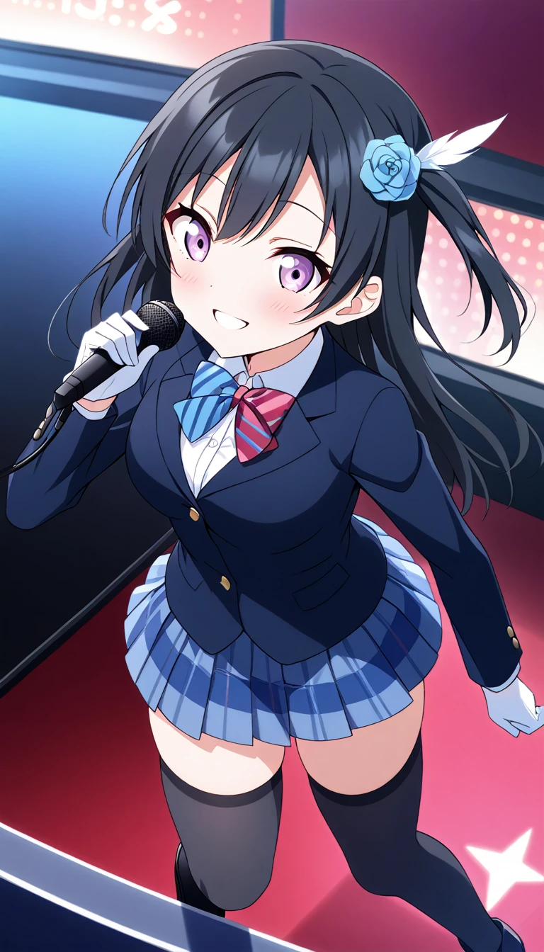 masterpiece, best quality,  one side up, feather hair ornament, hair flower, white gloves, legwear, thighhighs, on stage, holding microphone, smile,singing (1girl), (solo), otonokizaka ,winter uniform, red striped bow tie, navy blue blazer, blue striped pleated skirt,from above, BREAK score_9, score_8_up, score_7_up, score_6_up, source_anime 