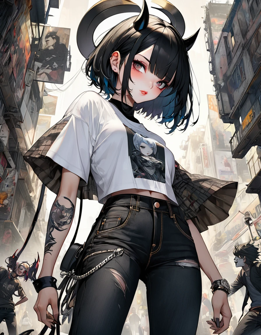 Aesthetic, horror Devil dark painterly style, modern ink, girl Boruto + Sabrina feiticeira black blood dark jeans short tshirts espinhos tattoo, expressive pose, urbanpunk, multi-layered perfect texture background, neo-expressionist, Russ Mills, Ian Miller, Harrison Fisher, Brian Froud, Jeremy Mann, Steadman , Hanuka, Klimt, Bell, Hobbie, Newton, greg rutkowski, atmospheric, hyperdetail, artstation trend, artgerm, deviant art, octane, masterpiece, complex art, intricat