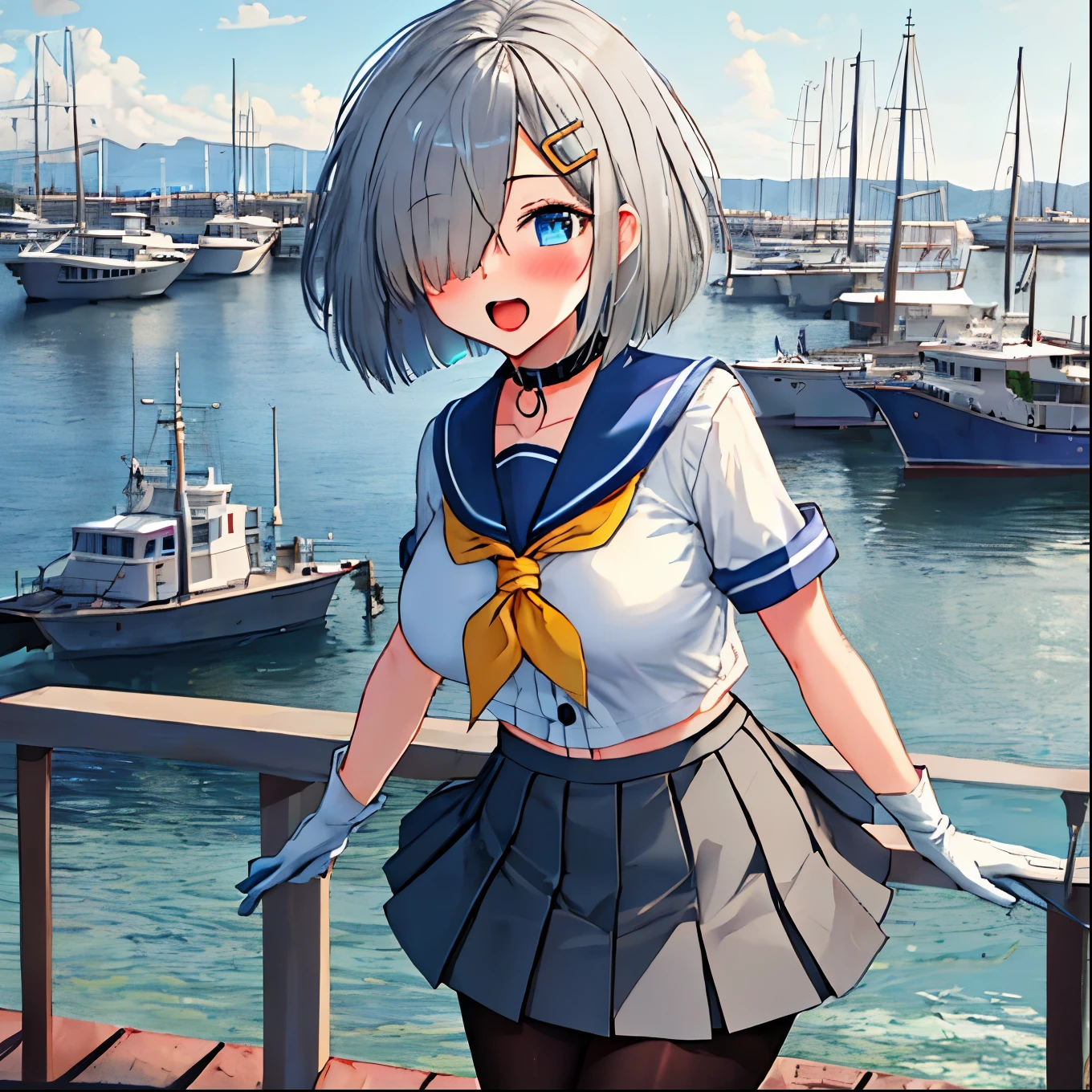 best quality, masterpiece, highres, solo, {hamakaze_kantaicollection:0.90}, 1girl, ,younger_teen,black_pantyhose, pleated_skirt, serafuku, short_sleeves, simple_background, white_background, yellow_neckerchief, white_gloves, looking_at_viewer, grey_skirt, blush, eyes_visible_through_hair, blue_sailor_collar, dynamic_posing,long_bangs,hair_over_one_eye,harbor_school_background,outdoor,large_breasts,onigiri,riceball,girl_eating_riceball,happy,open_mouth