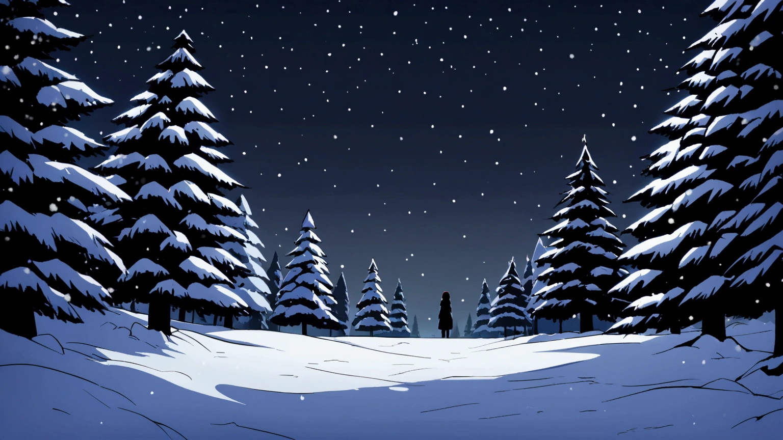 park, peaceful, anime style, snowy terrain, tall trees with snow, moonlight, dark black sky, no clouds, midnight, winter season