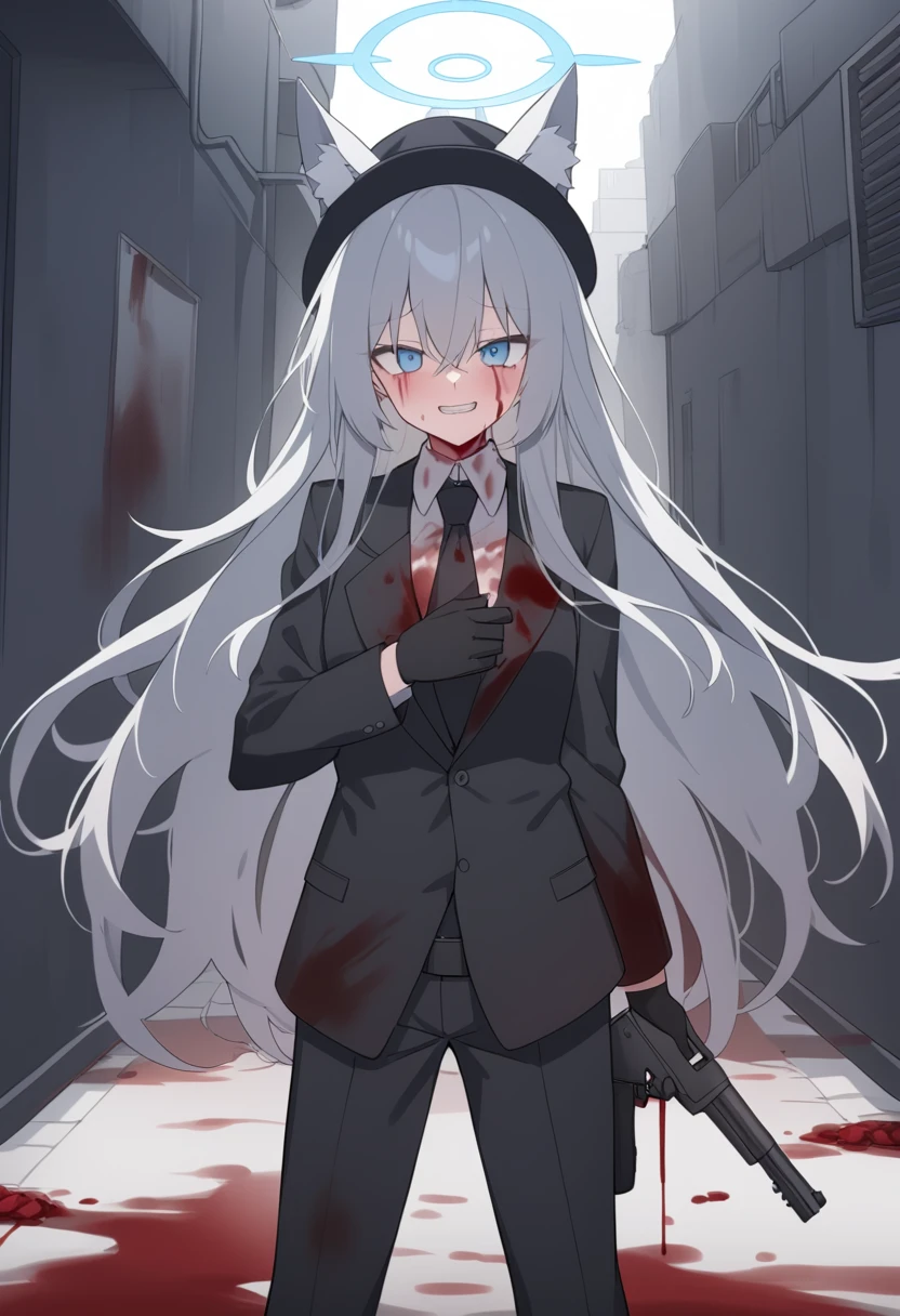 girl，Silver long hair, blue eyes, Wearing a black suit covered in blood,Black gloves, And the black pants stained with blood, uninhabited alley，Fake laugh, blue halo，Black Hat，Gray wolf ears，Black Tie，With a pistol in hand，There is a lot of blood on the body，crazy，Solitary ，Blood on the face