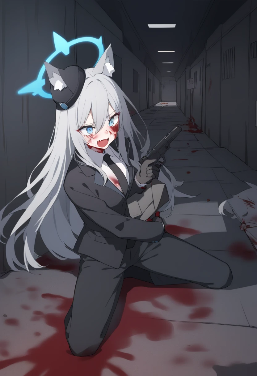 girl,Silver long hair, blue eyes, Wearing a black suit covered in blood,Black gloves, And the black pants stained with blood, uninhabited alley,Fake laugh, blue halo,Black Hat,Gray wolf ears,Black Tie,With a pistol in hand,There is a lot of blood on the body,crazy,Solitary ,Blood on the face