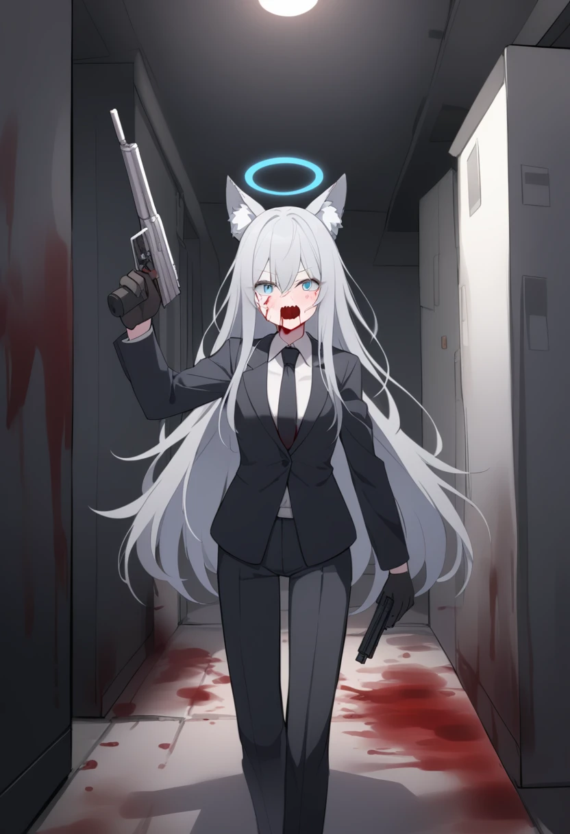 girl，Silver long hair, blue eyes, Wearing a black suit covered in blood,Black gloves, And the black pants stained with blood, uninhabited alley，Fake laugh, blue halo，Black Hat，Gray wolf ears，Black Tie，With a pistol in hand，There is a lot of blood on the body，crazy，Solitary ，Blood on the face