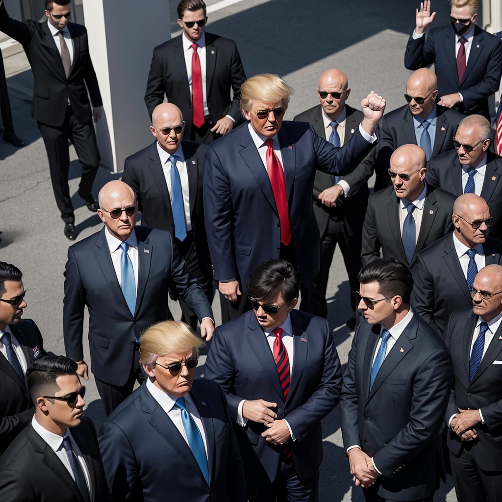 a dynamic scene with Donald Trump in a suit, raising his fist triumphantly. He is surrounded by security personnel in dark suits and sunglasses, who seem to be protecting him from an assassination. An American flag is prominently displayed in the background, waving against a clear blue sky. The atmosphere appears tense and energetic, capturing a moment of high significance and emotion.