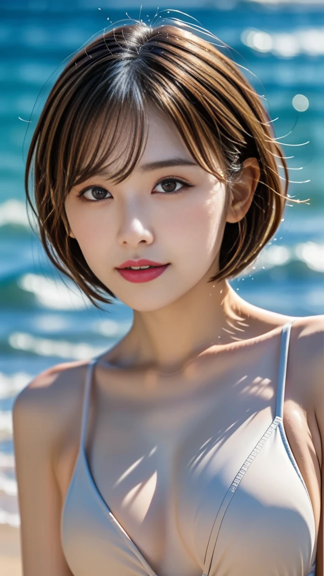 Tabletop, Highest quality, figure, Super detailed, In detail, High resolution, 8k wallpaper, Perfect dynamic composition, Beautiful attention to detail, Swimwear, Natural color lip,Beach, ランダムでcuteポーズ, Kissing Face,close your eyes,Kiss the viewer,Perfect and beautiful face,cute