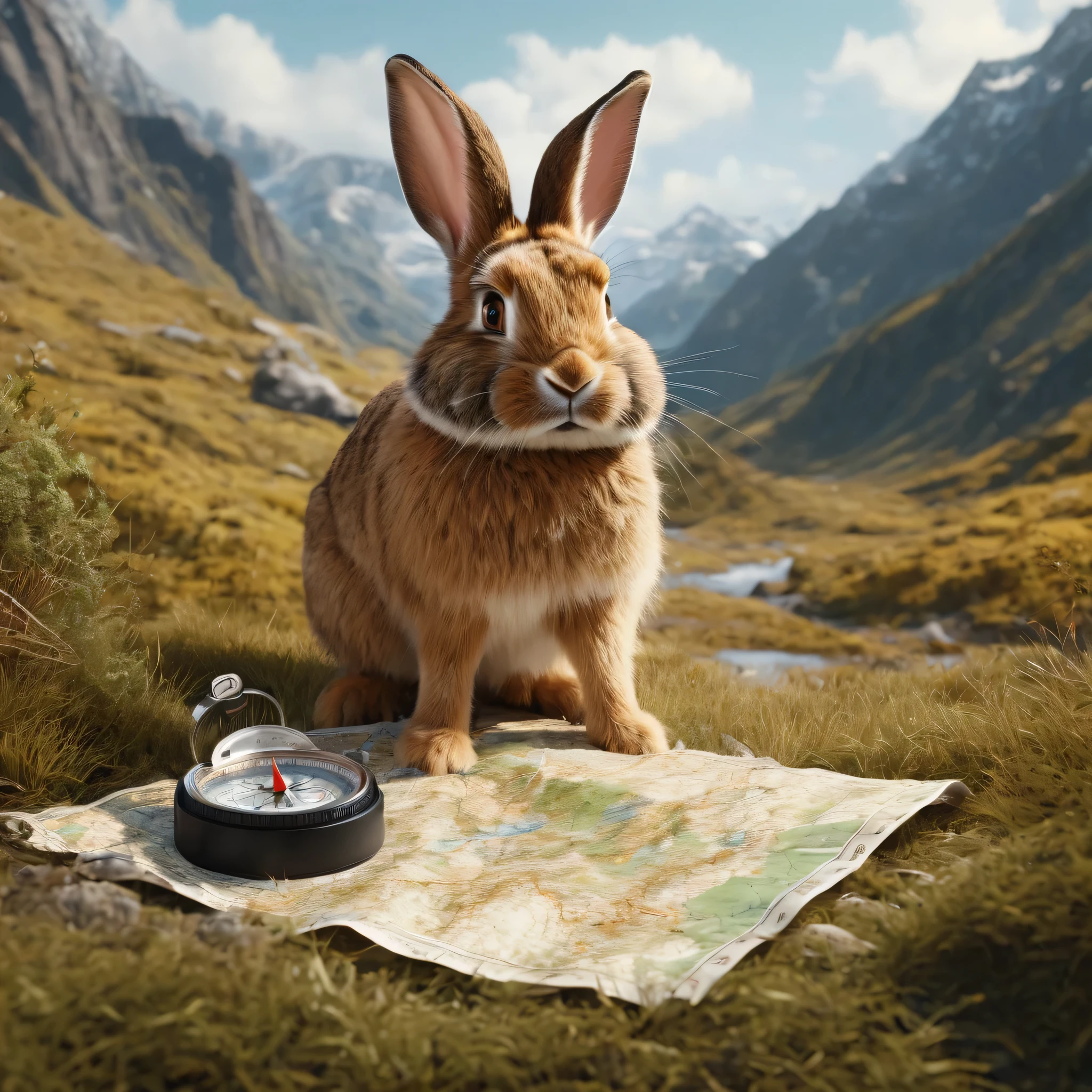 Hairy man , Adult, Muscular, rRealistic fur, Detailed Background, Wilderness Background, Rabbit explorer using compass and map to navigate different terrains. This composition is、It captures the curiosity and resourcefulness of rabbits as they explore the wild.。. Evoke joy and excitement about the wonders of nature. Realistic, photorRealistic, ultra rRealistic, 8K