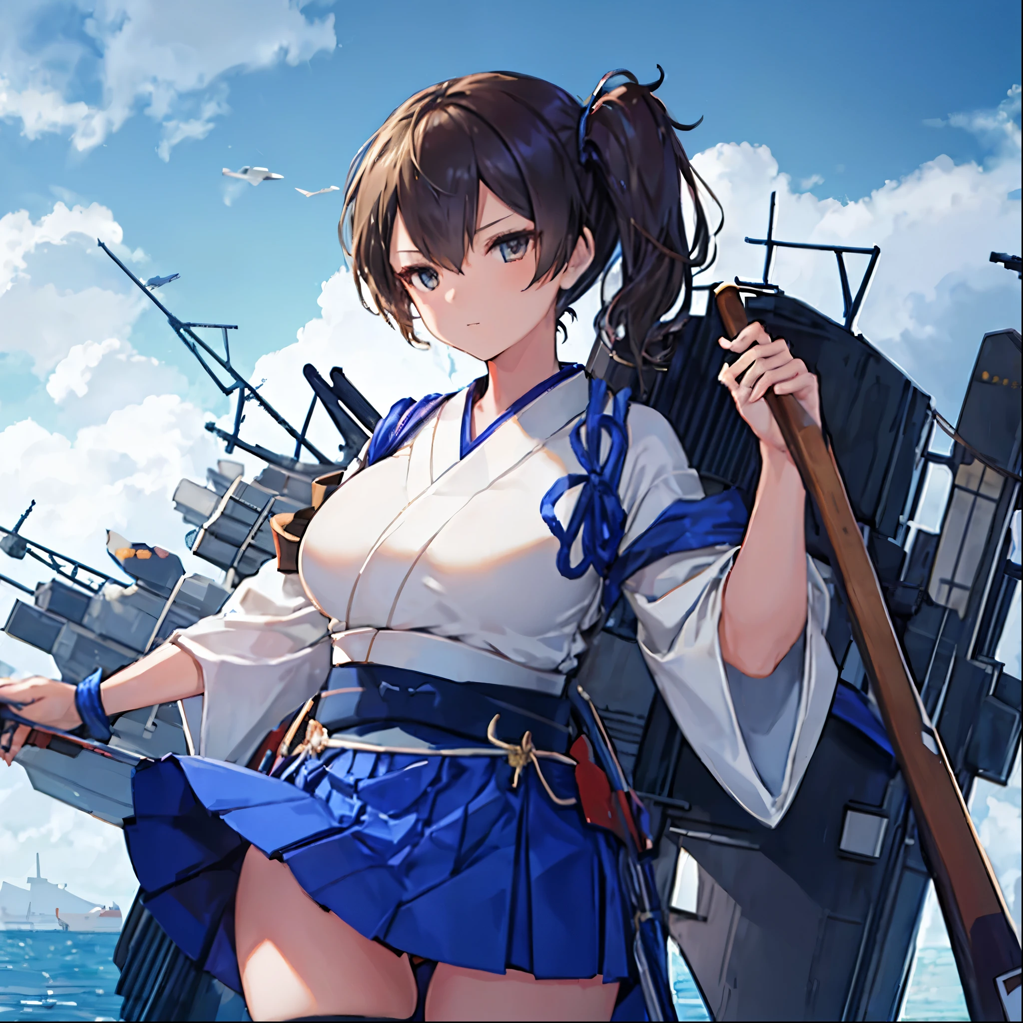 Kaga(Fleet Collection),highest quality, masterpiece, High resolution,kimono,blue skirt,side ponytail,big_breasts,