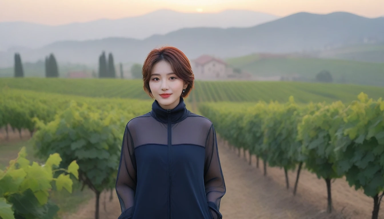 beautiful scenery, 8K Top Quality, Vivid picture quality, 1 woman, Beautiful 36-year-old Korean woman, Chest size 34 inches, Model-level beautiful woman, italian countryside dawn, vineyard, The cathedral can be seen in the distance in a thick fog.. Red sunshine, The background is realistic and vivid quality.., short medium bob hair, sheer turtleneck , Luxury brand windbreaker jacket, Perfect and realistic photos, The background is realistic.. Full body shot with Canon camera 16-35 wide angle lens, Smiling, 짙은 안개가 자욱한 포도원 언덕에서 vineyard을 내려다 보며, Walking towards the front camera