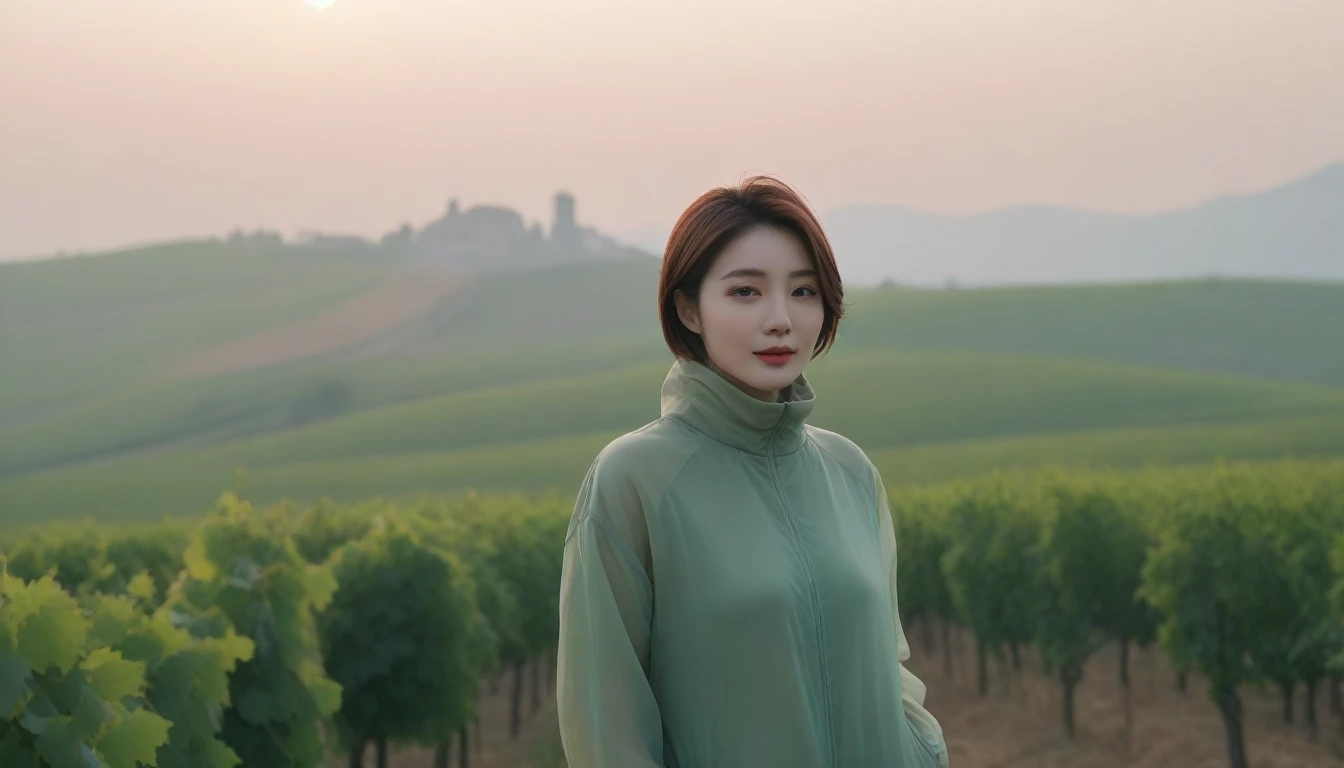 beautiful scenery, 8K Top Quality, Vivid picture quality, 1 woman, Beautiful 36-year-old Korean woman, Chest size 34 inches, Model-level beautiful woman, italian countryside dawn, vineyard, The cathedral can be seen in the distance in a thick fog.. Red sunshine, The background is realistic and vivid quality.., short medium bob hair, sheer turtleneck , Luxury brand windbreaker jacket, Perfect and realistic photos, The background is realistic.. Full body shot with Canon camera 16-35 wide angle lens, Smiling, 짙은 안개가 자욱한 포도원 언덕에서 vineyard을 내려다 보며, Walking towards the front camera