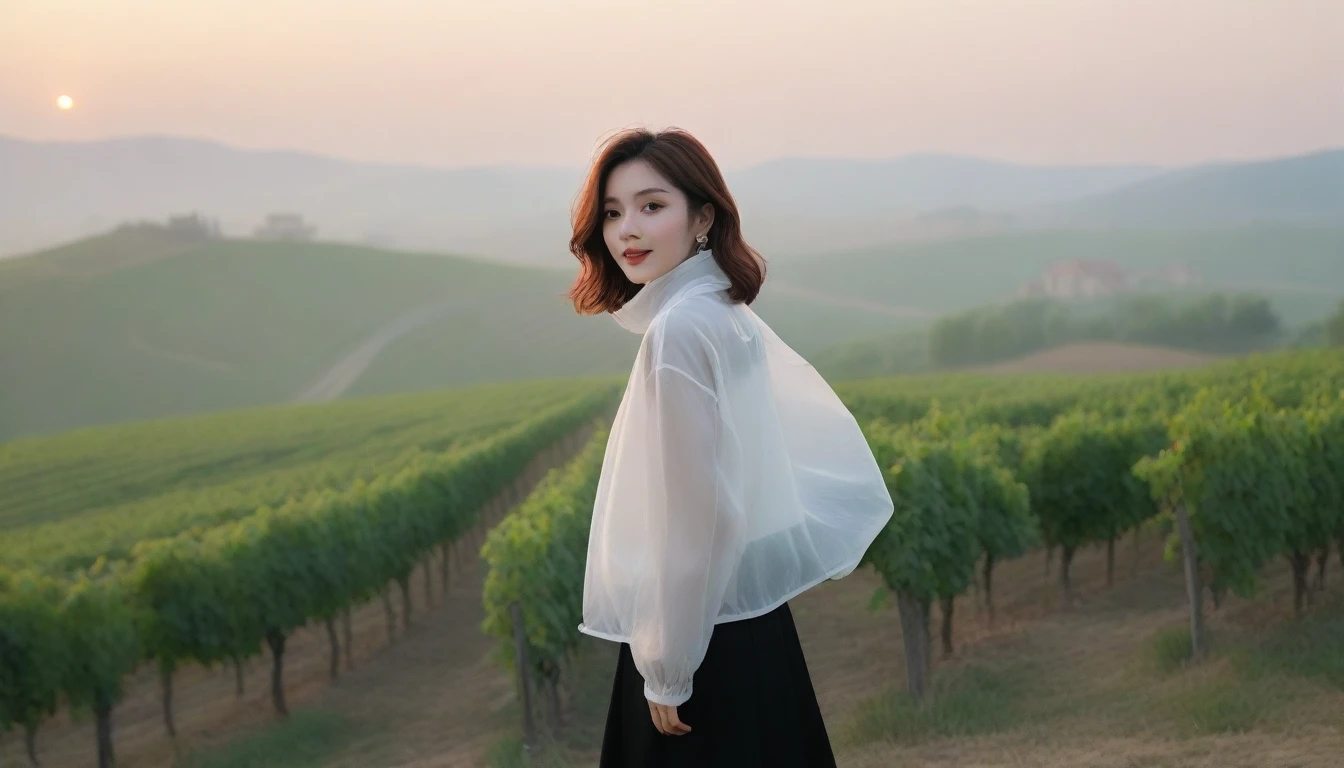 beautiful scenery, 8K Top Quality, Vivid picture quality, 1 woman, Beautiful 36-year-old Korean woman, Chest size 34 inches, Model-level beautiful woman, italian countryside dawn, vineyard, The cathedral can be seen in the distance in a thick fog.. Red sunshine, The background is realistic and vivid quality.., short medium bob hair, sheer turtleneck , Luxury brand windbreaker jacket, Perfect and realistic photos, The background is realistic.. Full body shot with Canon camera 16-35 wide angle lens, Smiling, 짙은 안개가 자욱한 포도원 언덕에서 vineyard을 내려다 보며, Walking towards the front camera