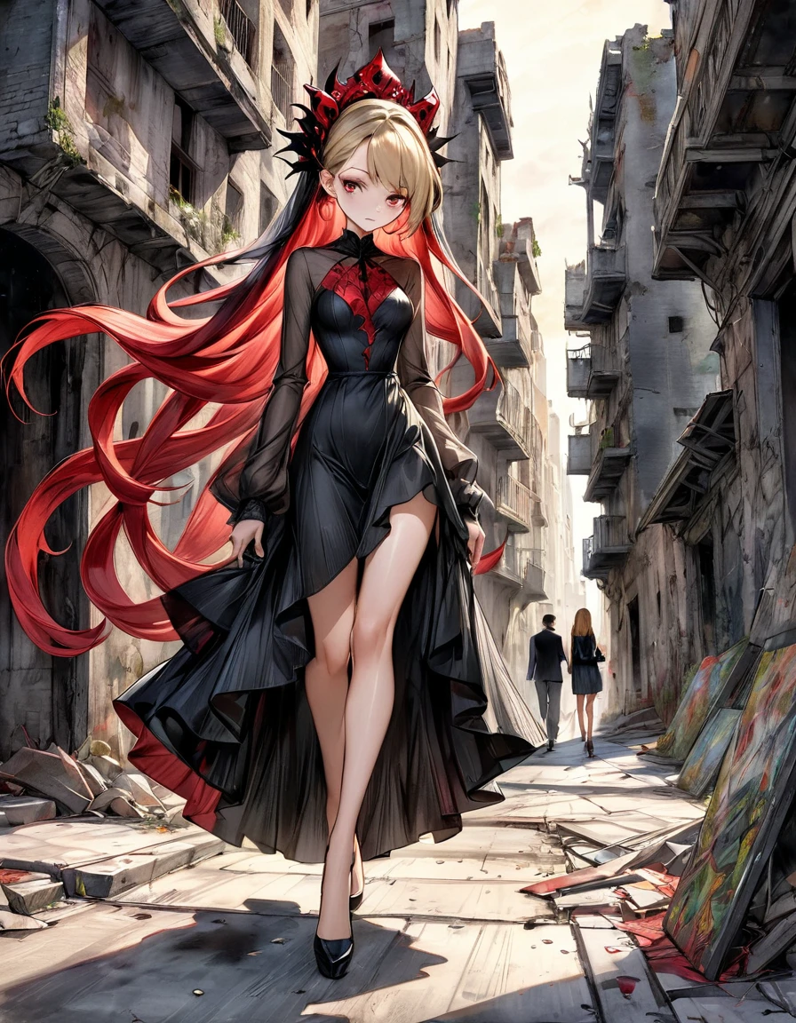{Amanda Sage Camilla Sanchez Edgar Degas} very fine drawing cartoon sketch art pastels watercolor pencil sketch  all black red terror evil Venom rich deep color bright palette. perfect full body composition wonderful sexy sad woman luminous face sensual allure walking city ruins masterpiece smooth smart focus