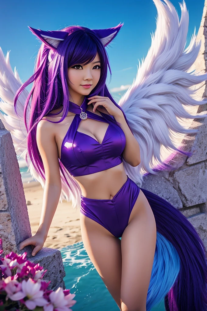 1girl in, 30 years old, Square face, straight look, Long wavy purple hair, chrysanthemum-embellished hair, orchid-embellished outfit, body facing the screen, lots of jewelry, white skin, big, attractive breasts curvy, big butt, colorful white red and blue bikini outfit, a pair of angel wings on her back, small village background in Japan, surrounded by many wildflowers, sunny sky, dancing Stretch your legs to create many sexy designs